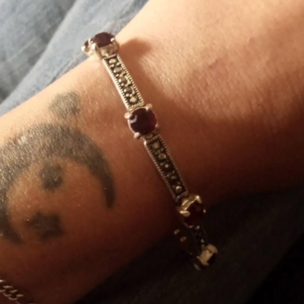 Sterling silver garnet and marcasite bar Bracelet